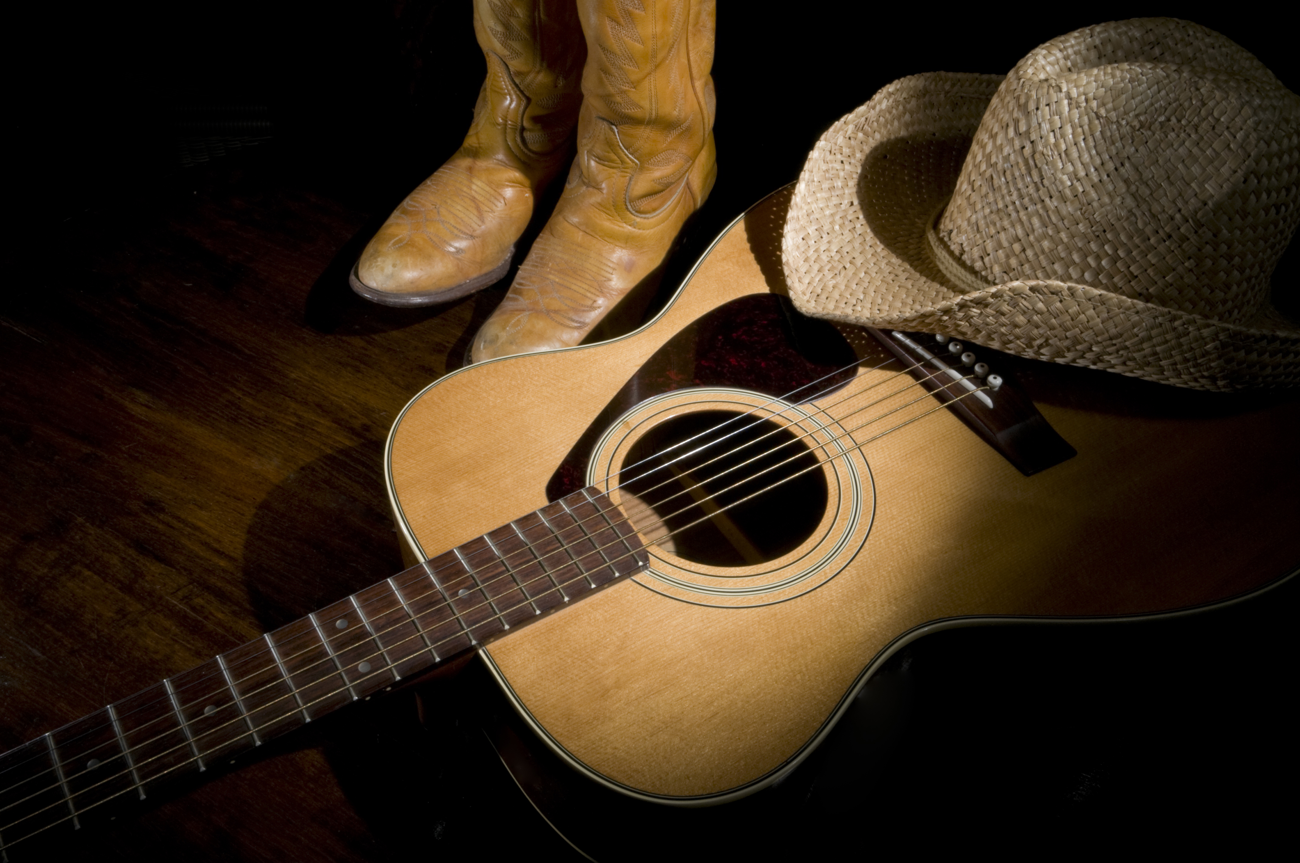 Cowboy hat and boots with guitar in country music setting