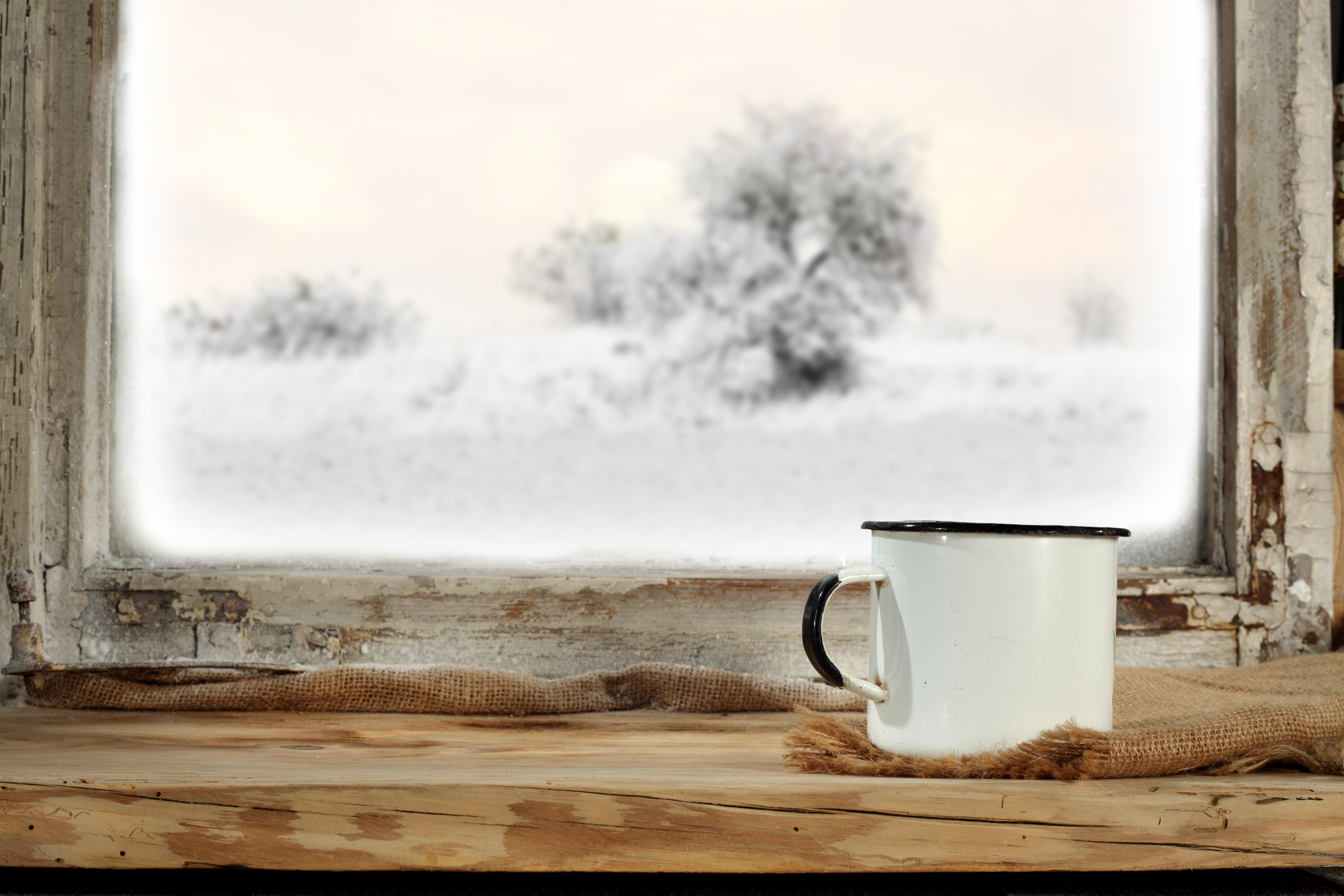 Winter outside window with white mug on sill